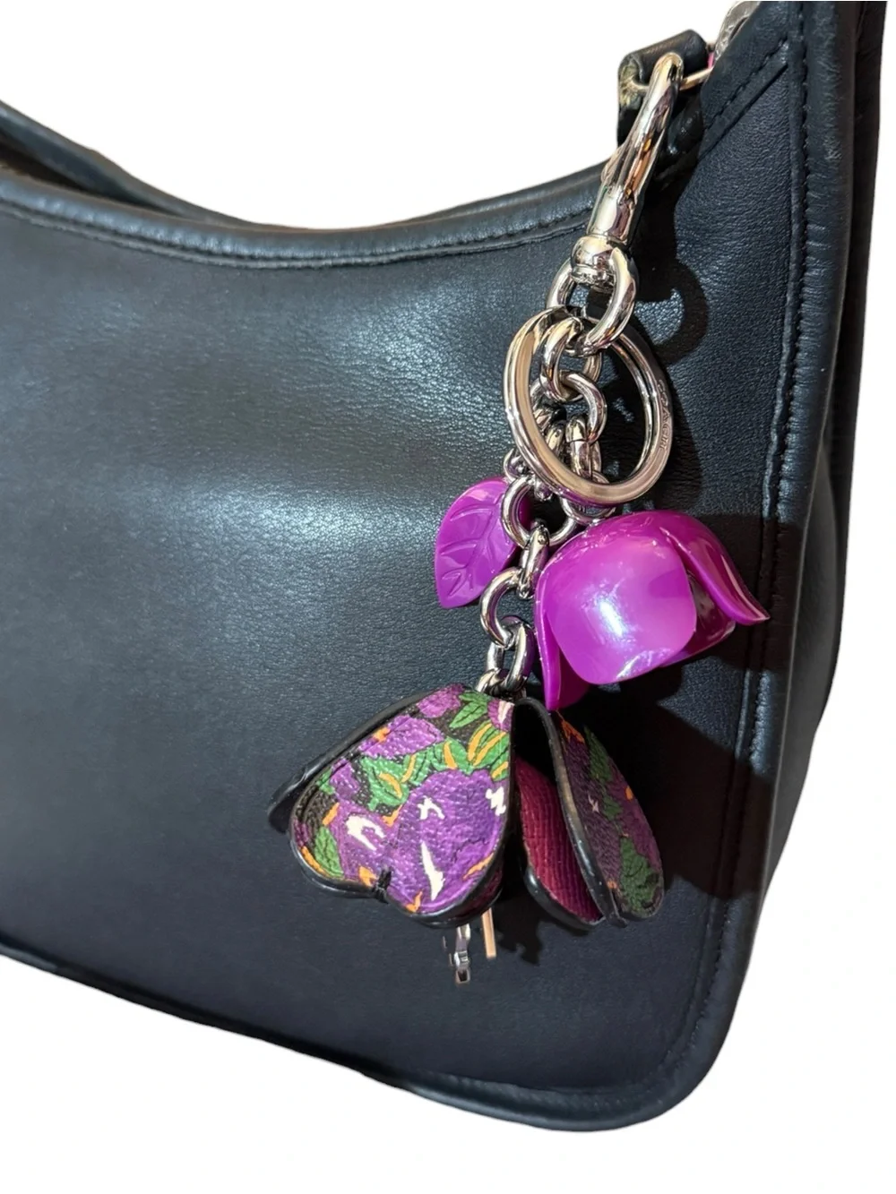 Coach Tea Rose Bag Charm Purple Floral Leather & Resin Keychain Charm